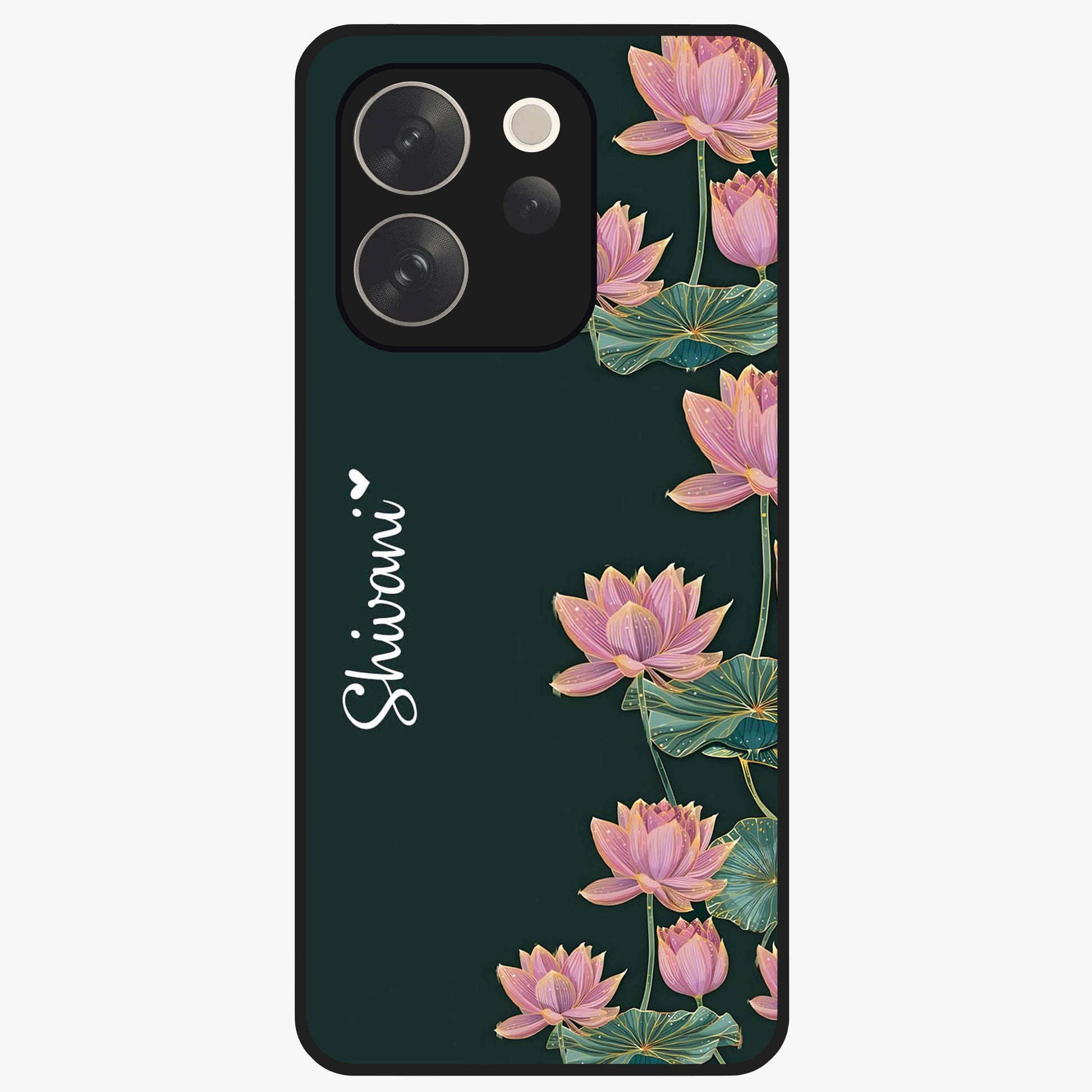 Lotus Bloom Serenity Custom Name Glass Case showing flat back view with elegant lotus flower artwork and personalized name design.