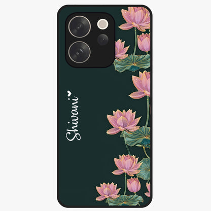 Lotus Bloom Serenity Custom Name Glass Case showing flat back view with elegant lotus flower artwork and personalized name design.