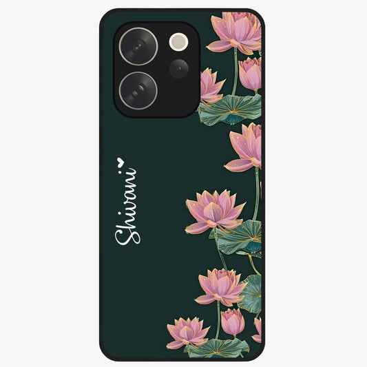 Lotus Bloom Serenity Custom Name Glass Case showing flat back view with elegant lotus flower artwork and personalized name design.