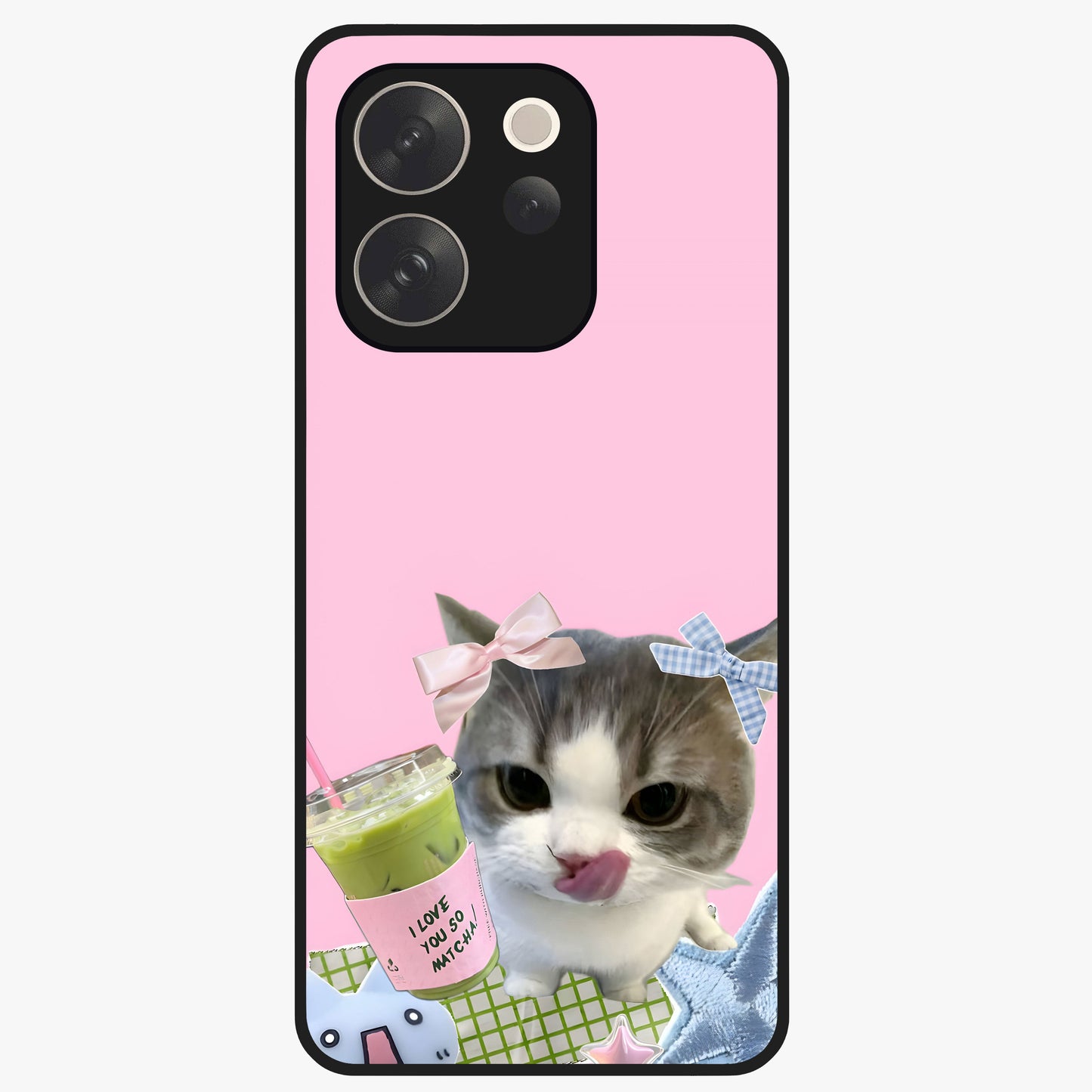 Love Matcha Cat Glass Case showing flat back view with cute cat and matcha themed artwork and glossy glass finish.