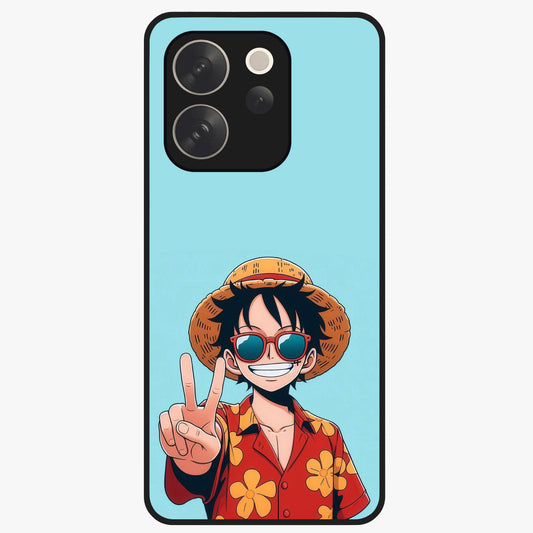Luffy Summer Anime Vibe Glass Case showing flat back view with vibrant anime character artwork and glossy glass finish.