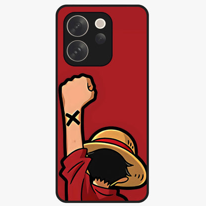 Luffy X Spirit Glass Case showing flat back view with bold anime character artwork and glossy glass finish.