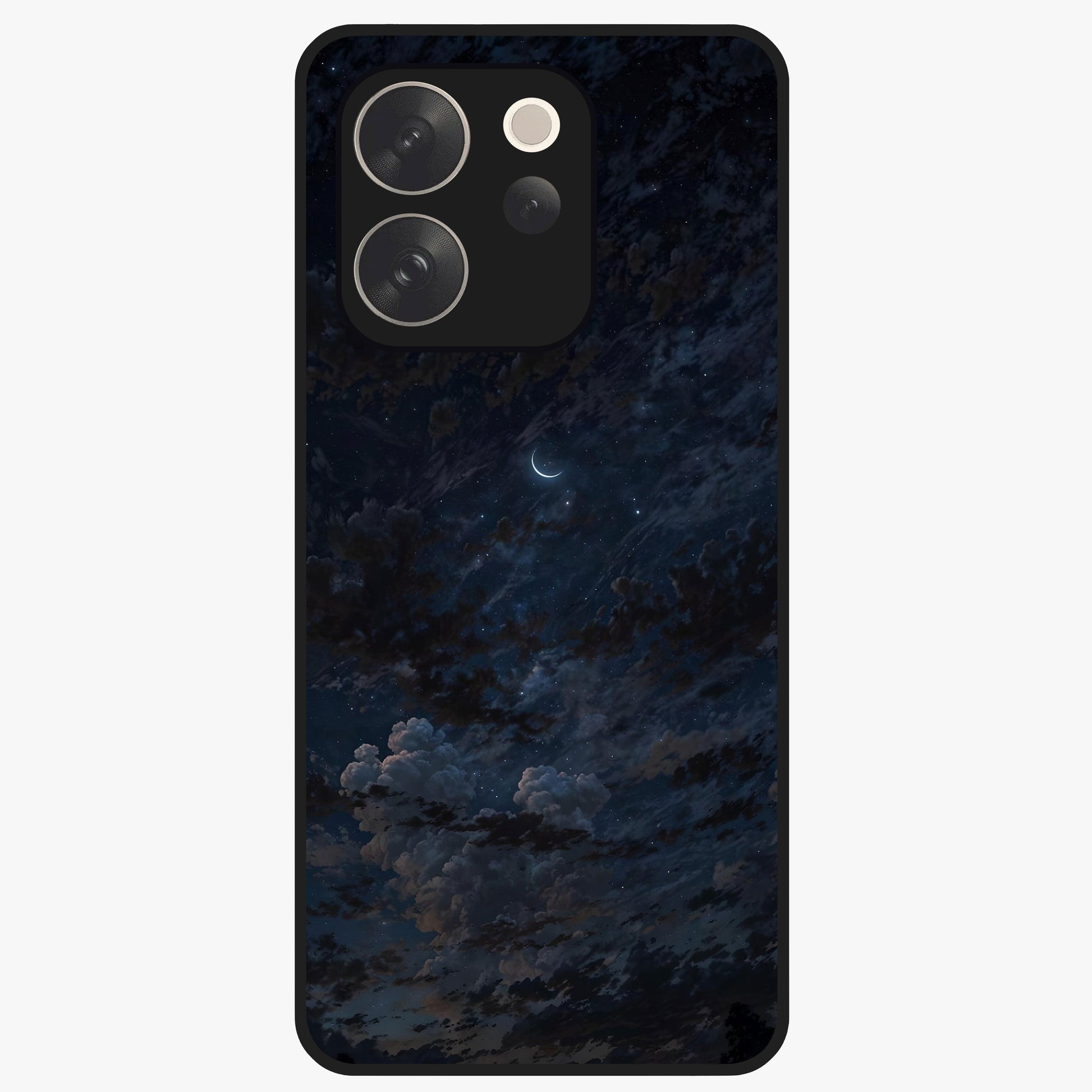 Lunar Veil Silence Glass Case showing flat back view with mystical moon veil artwork and glossy glass finish.