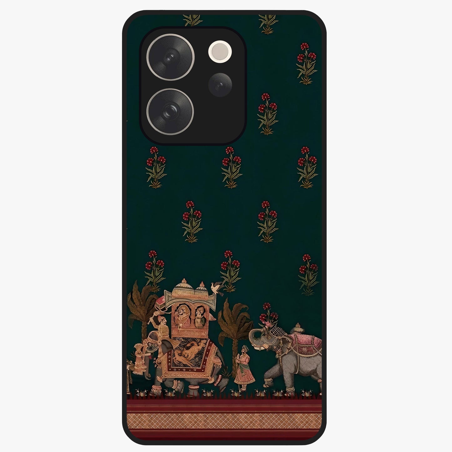 Macmerise Glass Case showing flat back view with stylish modern artwork and glossy glass finish.