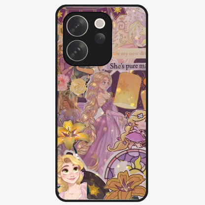 Magical Tangled Dream Glass Case showing flat back view with dreamy tangled artwork and glossy glass finish.