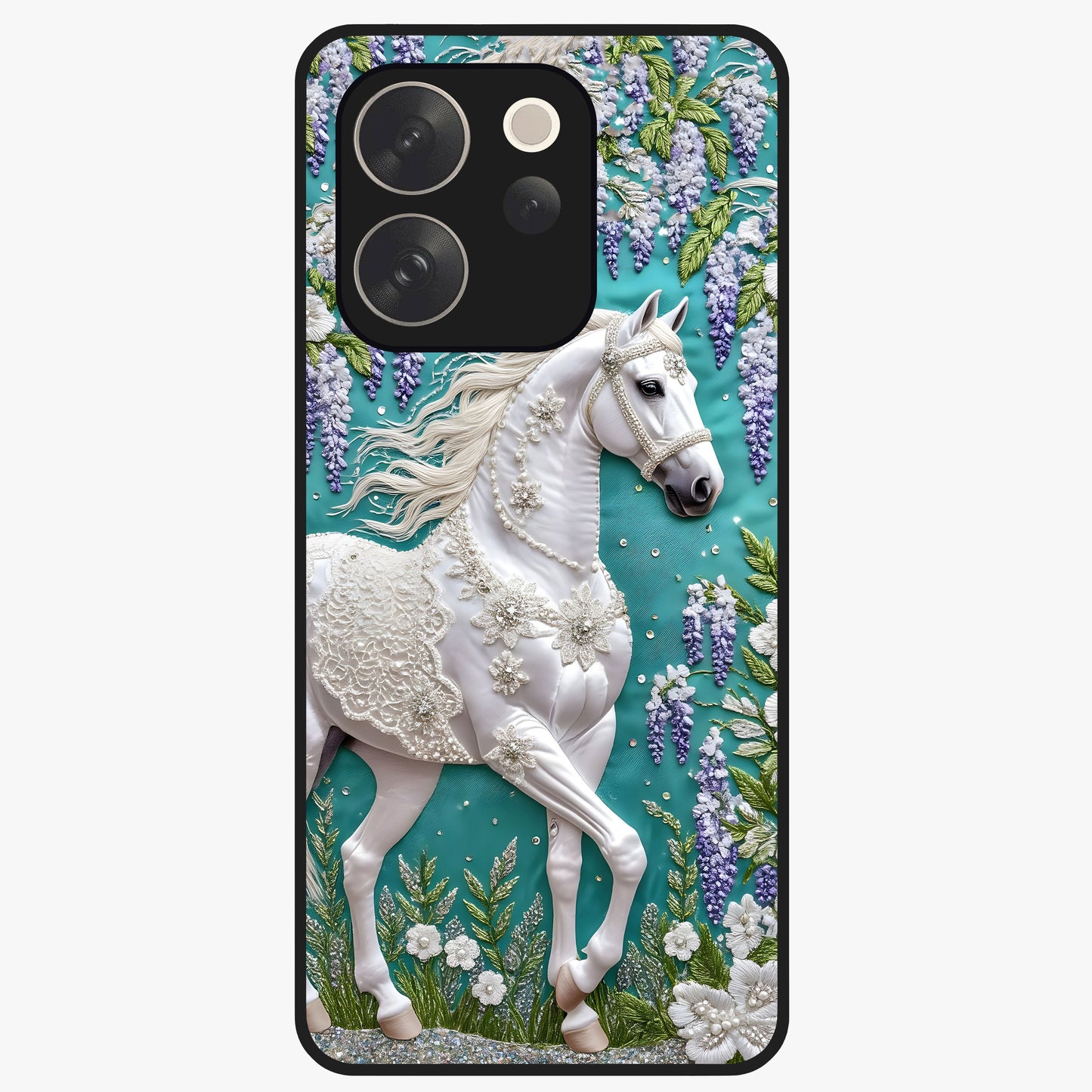 Majestic Floral Stallion Glass Case showing flat back view with powerful horse and floral artwork and glossy glass finish.