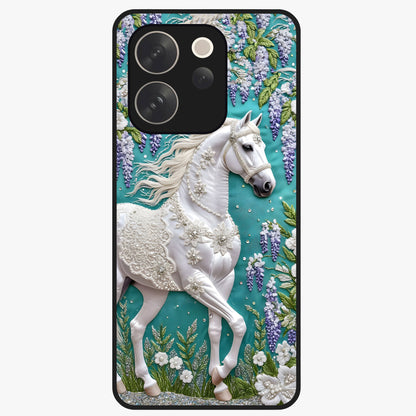 Majestic Floral Stallion Glass Case showing flat back view with powerful horse and floral artwork and glossy glass finish.