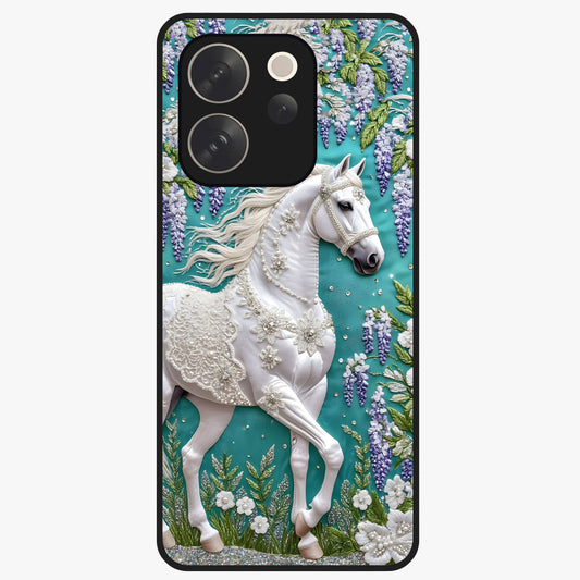 Majestic Floral Stallion Glass Case showing flat back view with powerful horse and floral artwork and glossy glass finish.