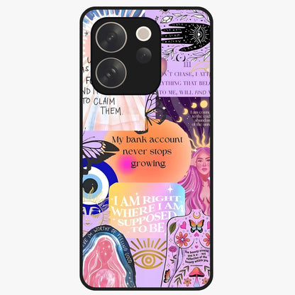 Manifestation Collage Glass Case showing flat back view with motivational collage artwork and glossy glass finish.