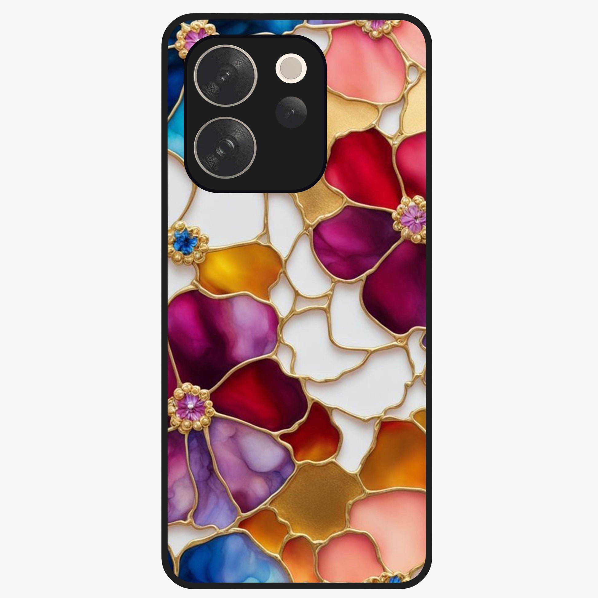 Marble Flower Pattern Glass Case showing flat back view with marble texture floral artwork and glossy glass finish.
