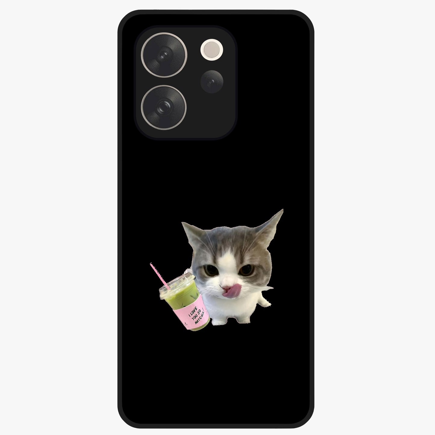 Matcha Cat Style Glass Case showing flat back view with cute matcha themed cat artwork and glossy glass finish.