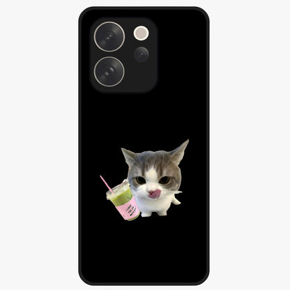 Matcha Cat Style Glass Case showing flat back view with cute matcha themed cat artwork and glossy glass finish.