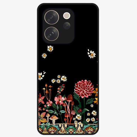 Midnight Bloom Pattern Glass Case showing flat back view with dark floral pattern artwork and glossy glass finish.