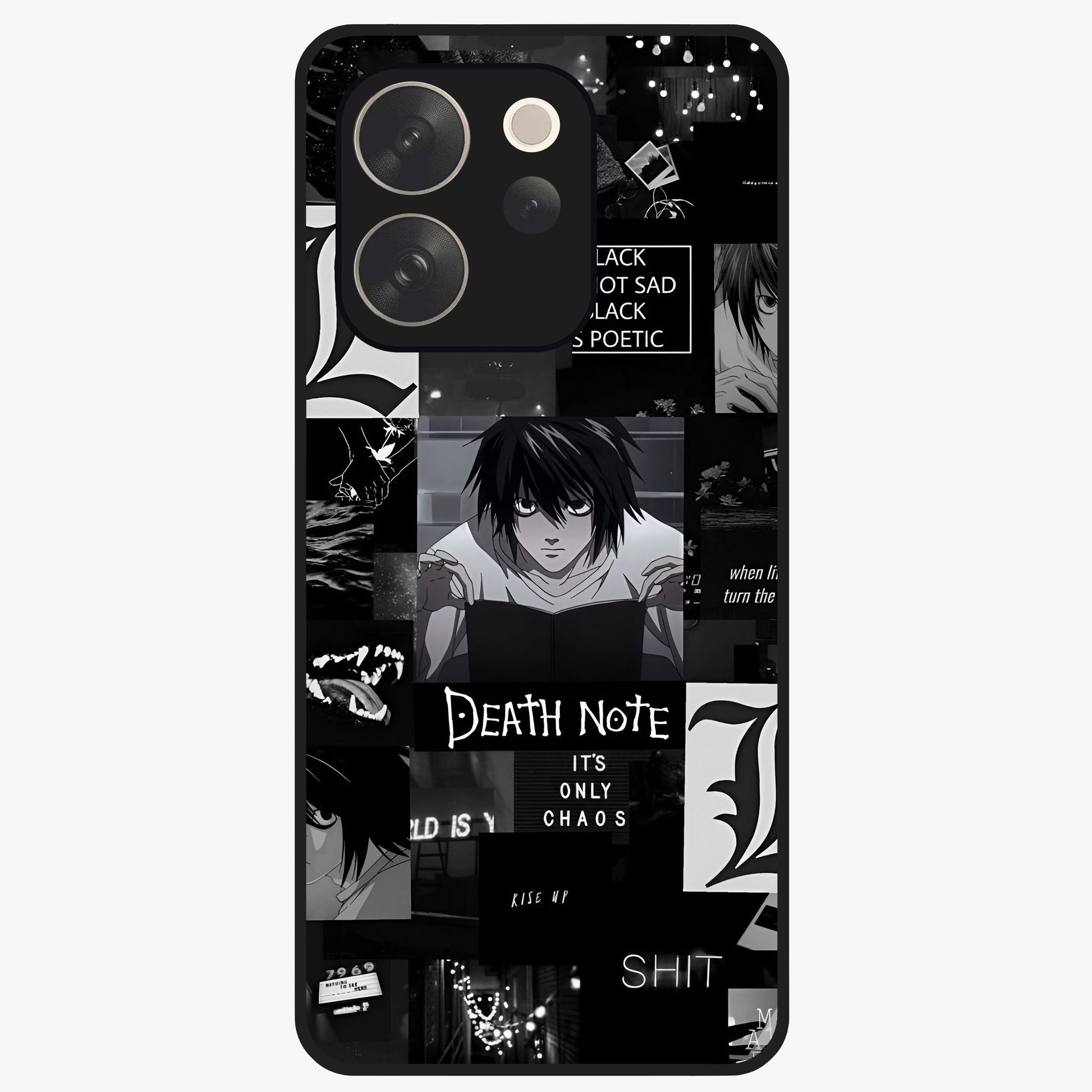Midnight Chaos Mind Glass Case showing flat back view with abstract dark themed artwork and glossy glass finish.