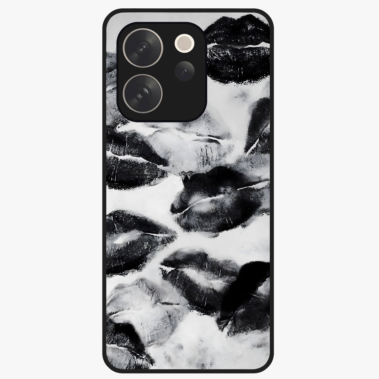 Midnight Kiss Marks Glass Case showing flat back view with lipstick kiss mark artwork and glossy glass finish.