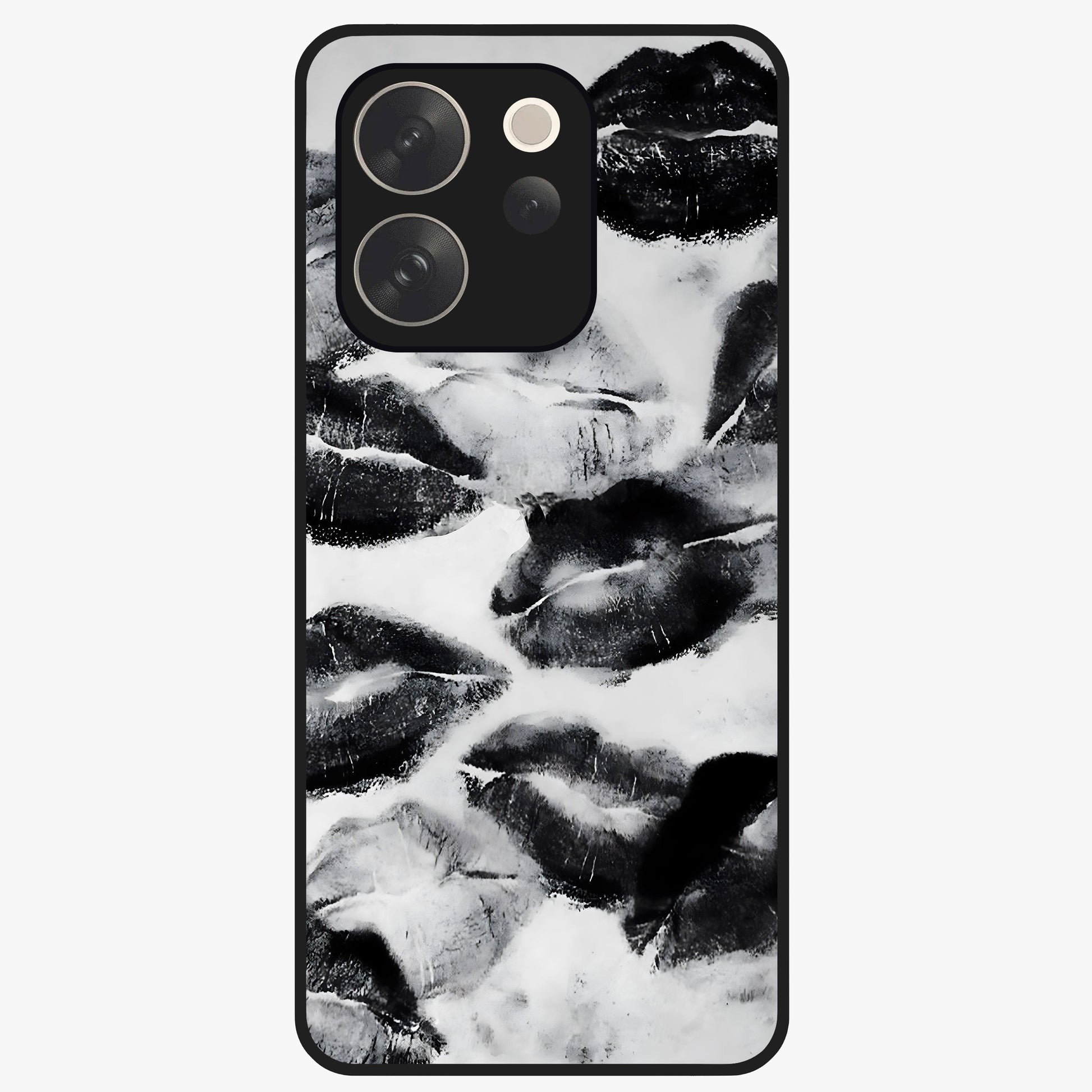 Midnight Kiss Marks Glass Case showing flat back view with lipstick kiss mark artwork and glossy glass finish.