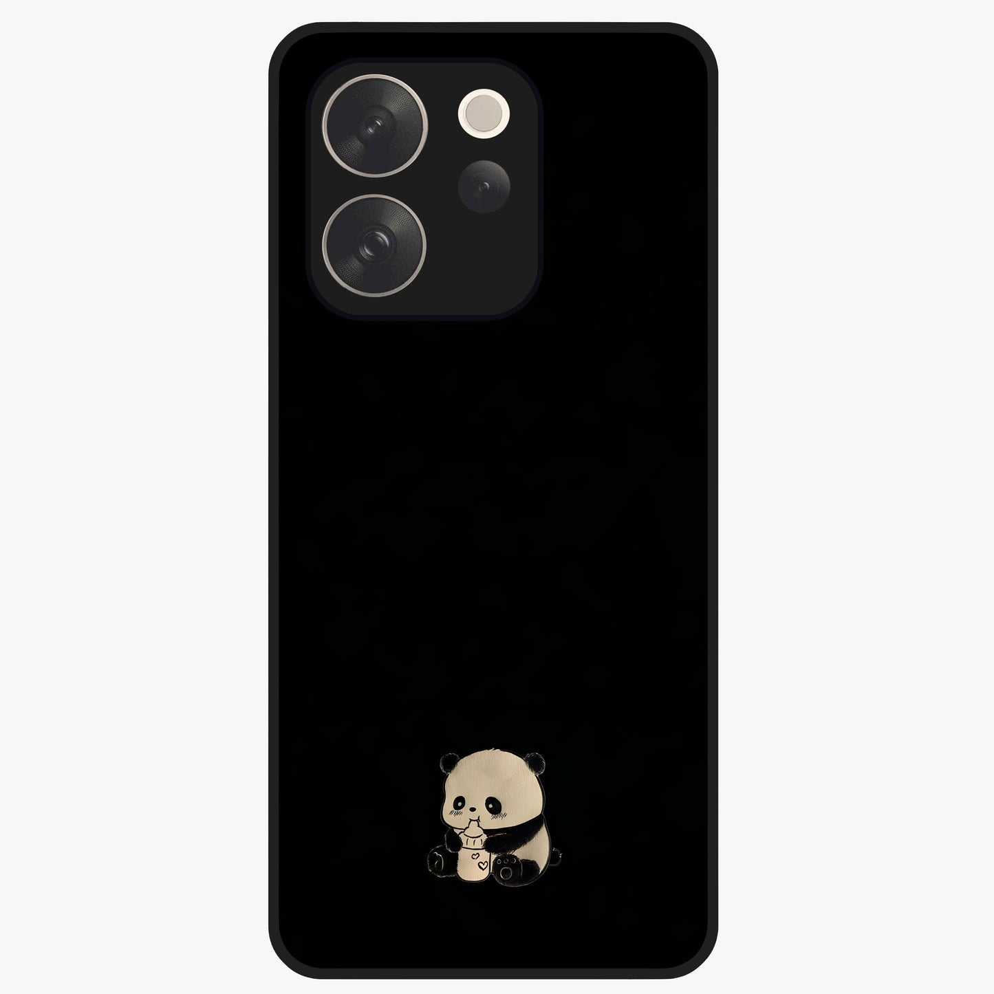 Midnight Panda Love Glass Case showing flat back view with cute panda themed artwork and glossy glass finish.