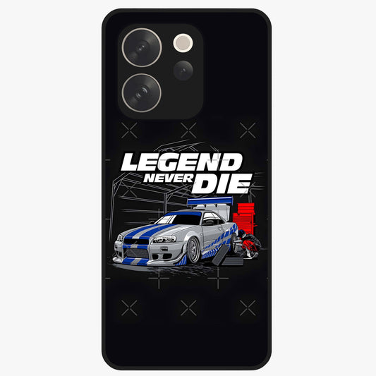 Midnight Racing Legacy Glass Case showing flat back view with sleek racing inspired artwork and glossy glass finish.