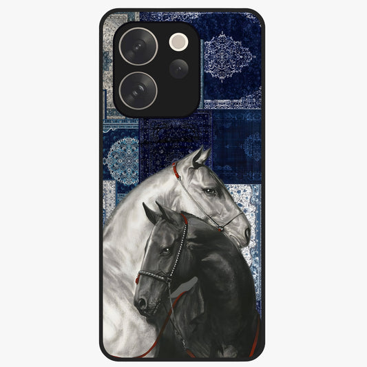 Midnight Stallion Blues Glass Case showing flat back view with majestic horse artwork and glossy glass finish.