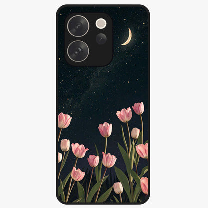 Midnight Tulip Whispers Vibe Glass Case showing flat back view with elegant tulip flower artwork and glossy glass finish.