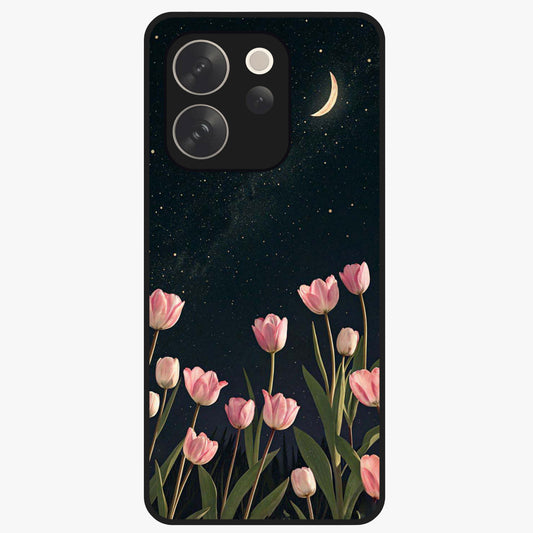 Midnight Tulip Whispers Vibe Glass Case showing flat back view with elegant tulip flower artwork and glossy glass finish.