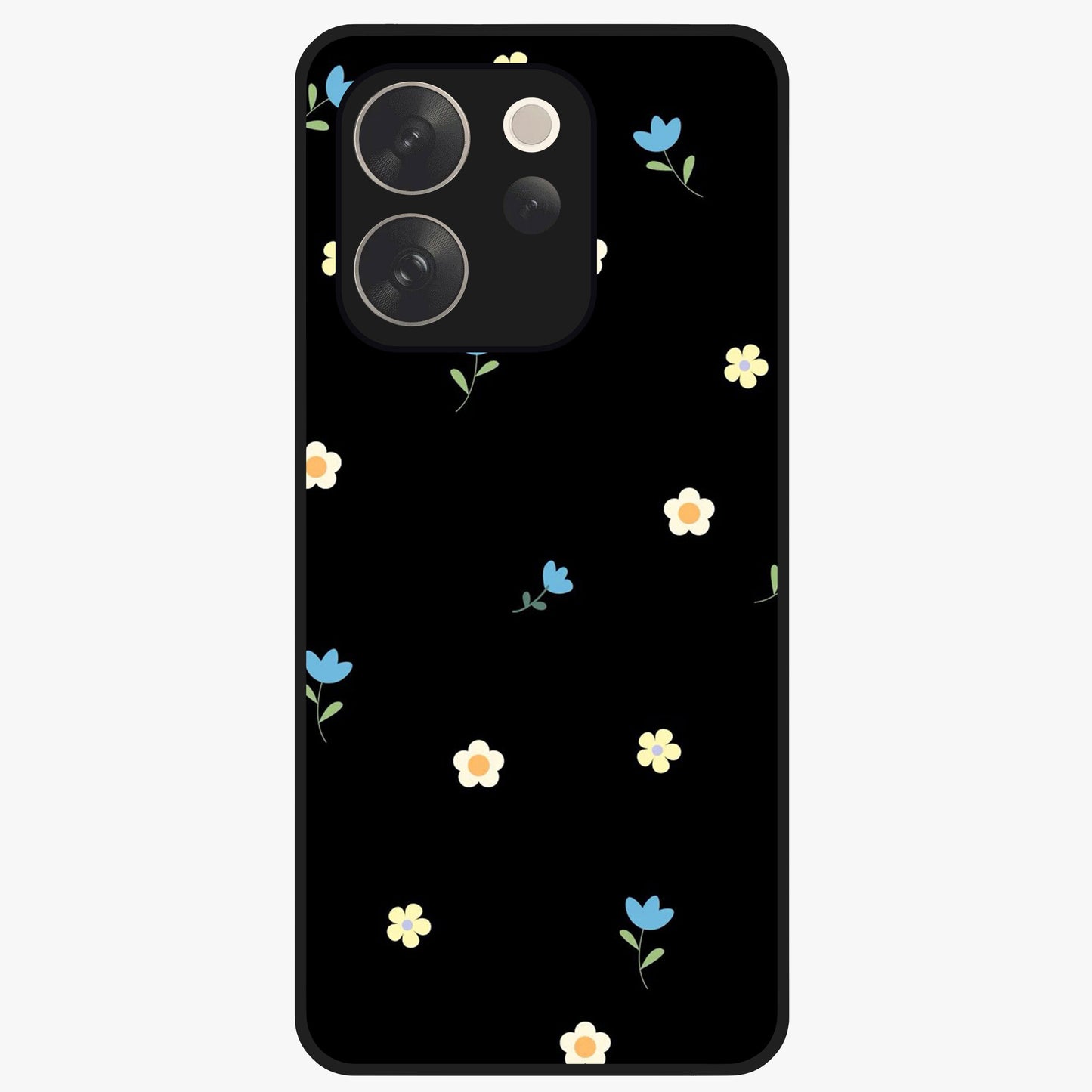 Minimalistic Blue With White Flower Pattern Glass Case showing flat back view with blue background and white flower pattern and glossy glass finish.