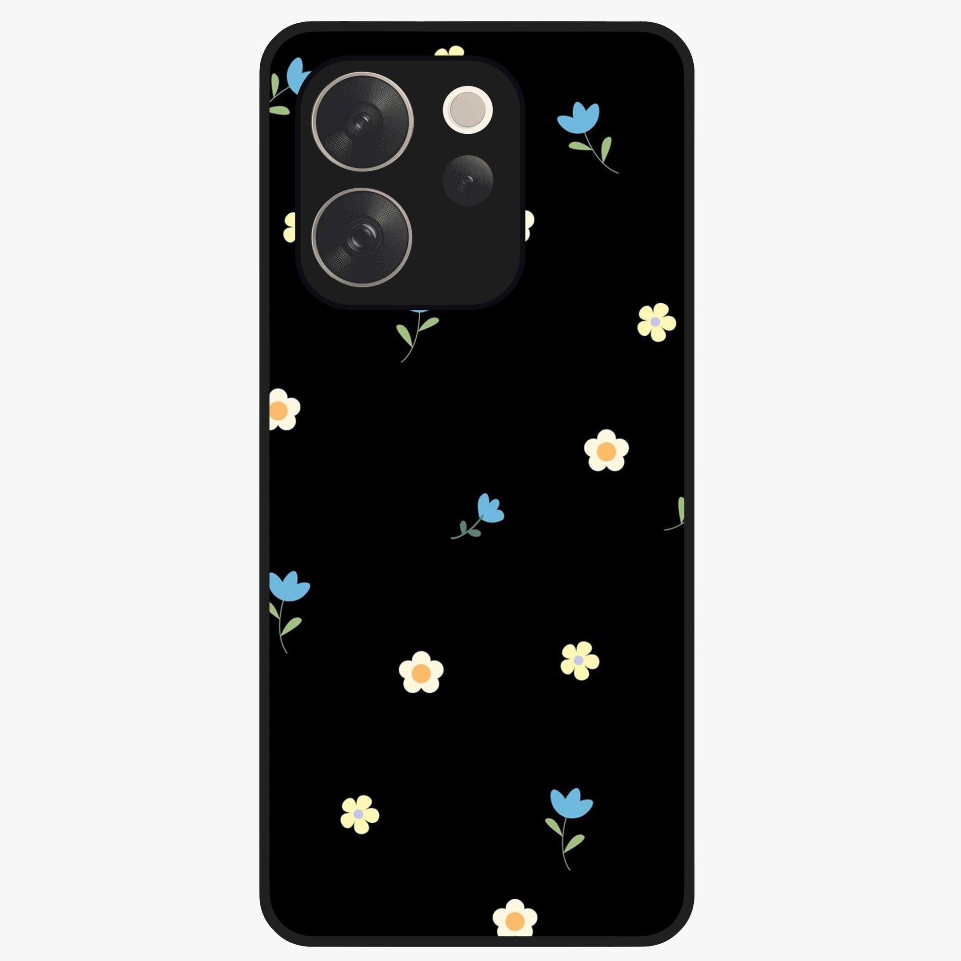 Minimalistic Blue With White Flower Pattern Glass Case showing flat back view with blue background and white flower pattern and glossy glass finish.