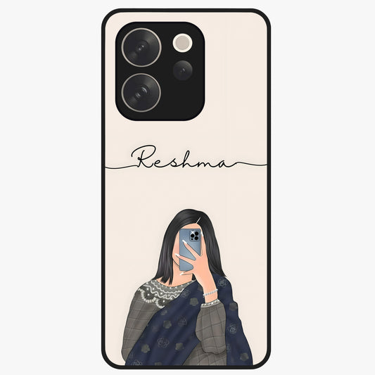 Mirror Mood Muse With Custom Name Glass Case showing flat back view with stylish mirrored artwork and personalized name design.
