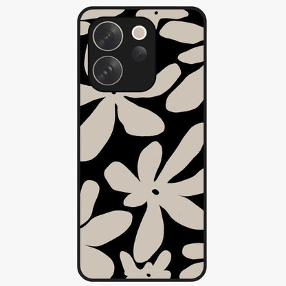 Monochrome Petal Dance Glass Case showing flat back view with monochrome floral artwork and glossy glass finish.