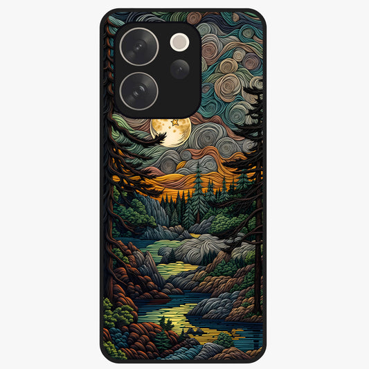 Moonlight Forest Dream Glass Case showing flat back view with mystical forest moonlight artwork and glossy glass finish.