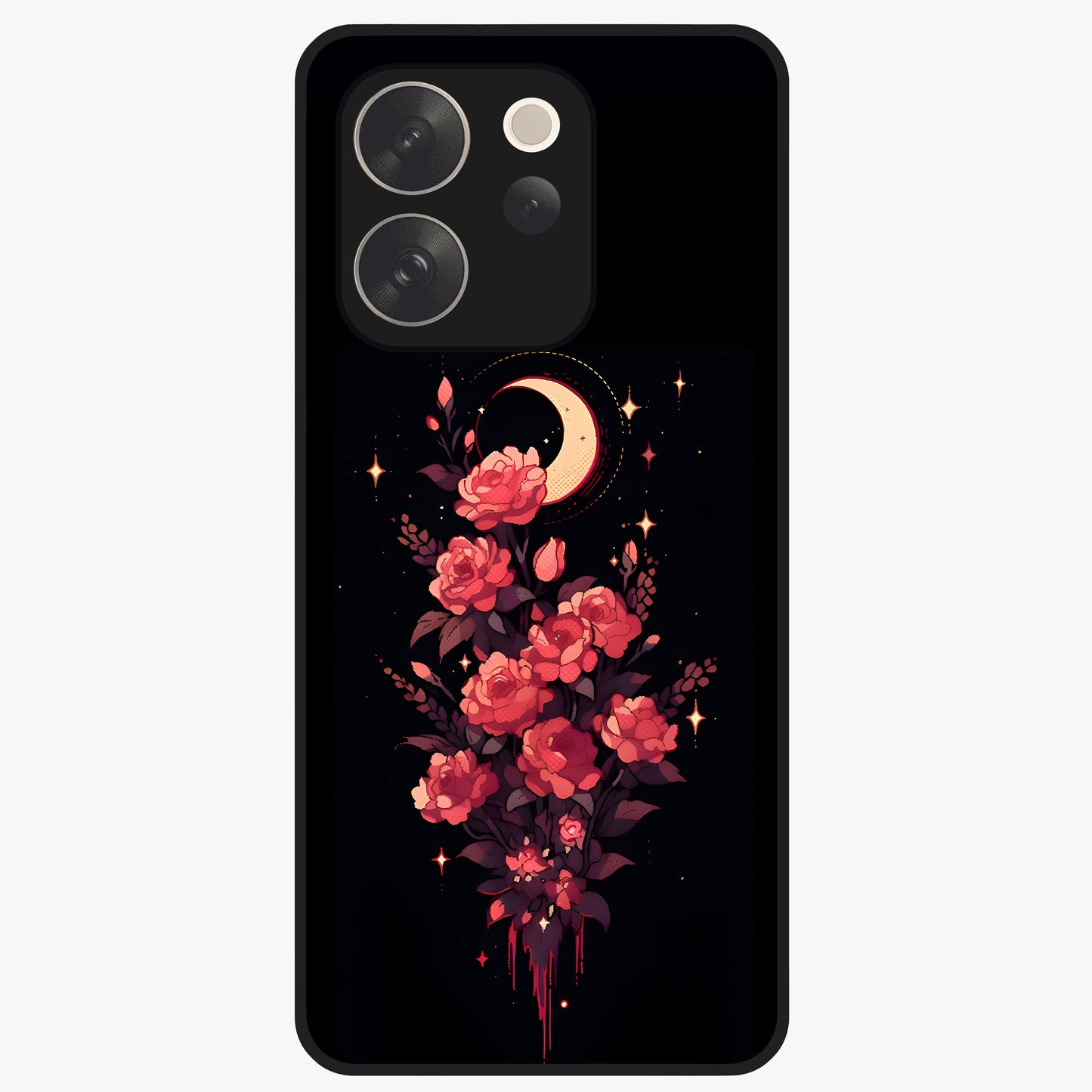 Moonlit Floral Elegance Glass Case showing flat back view with elegant floral artwork under moonlit tones and glossy glass finish.