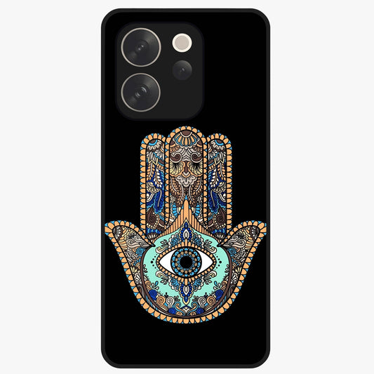 Mystic Hamsa Eye Glass Case showing flat back view with protective hamsa hand and evil eye artwork and glossy glass finish.