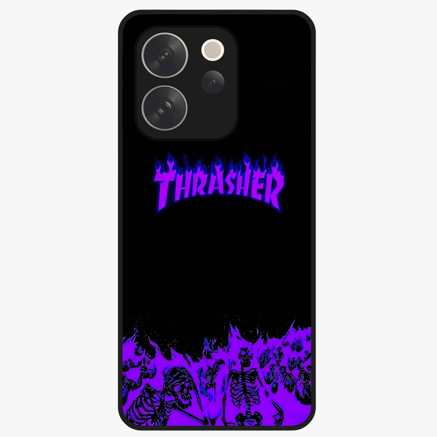 Neon Flame Riot Glass Case showing flat back view with neon flame artwork and glossy glass finish.