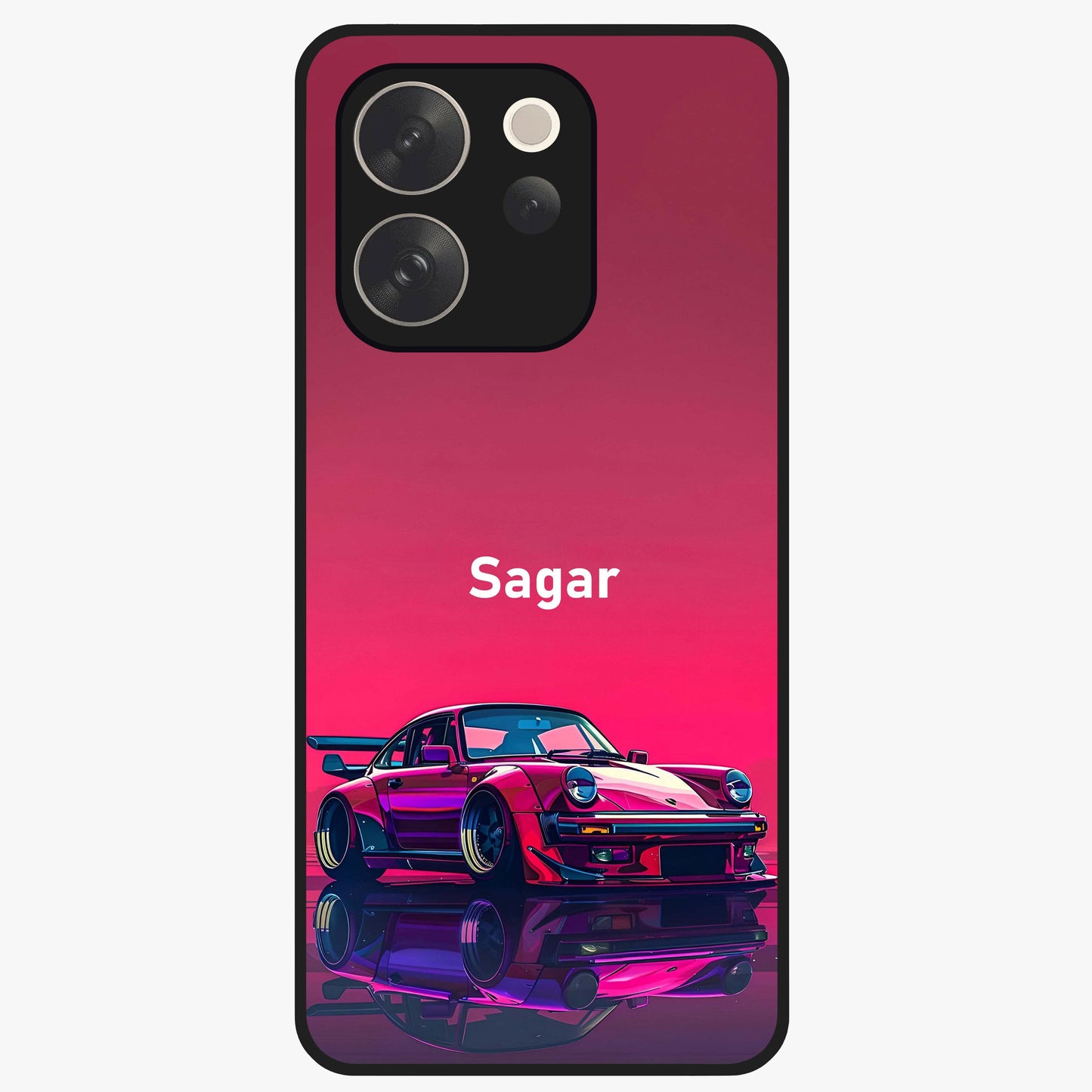 Neon Pink Porsche Glass Case showing flat back view with stylish sports car artwork and glossy glass finish.