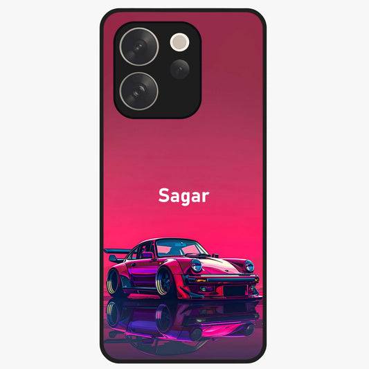 Neon Pink Porsche Glass Case showing flat back view with stylish sports car artwork and glossy glass finish.