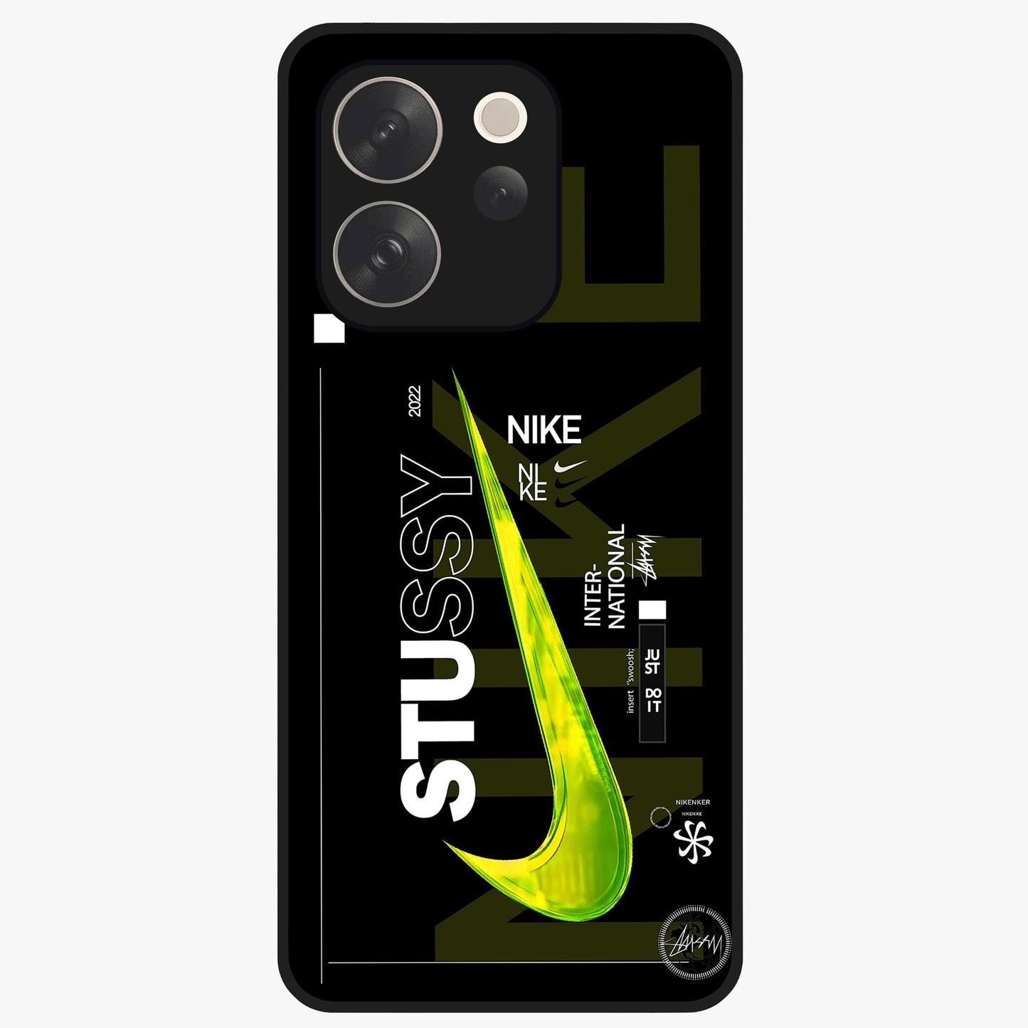 Neon Street Edition Glass Case showing flat back view with neon street style artwork and glossy glass finish.