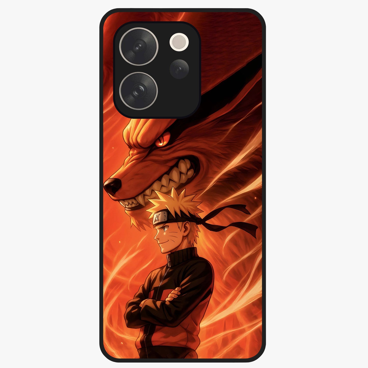 Nine Tails Legacy Glass Case showing flat back view with powerful nine-tailed fox inspired artwork and glossy glass finish.