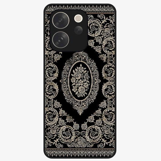 Noir Bloom Elegance Glass Case showing flat back view with elegant dark floral artwork and glossy glass finish.