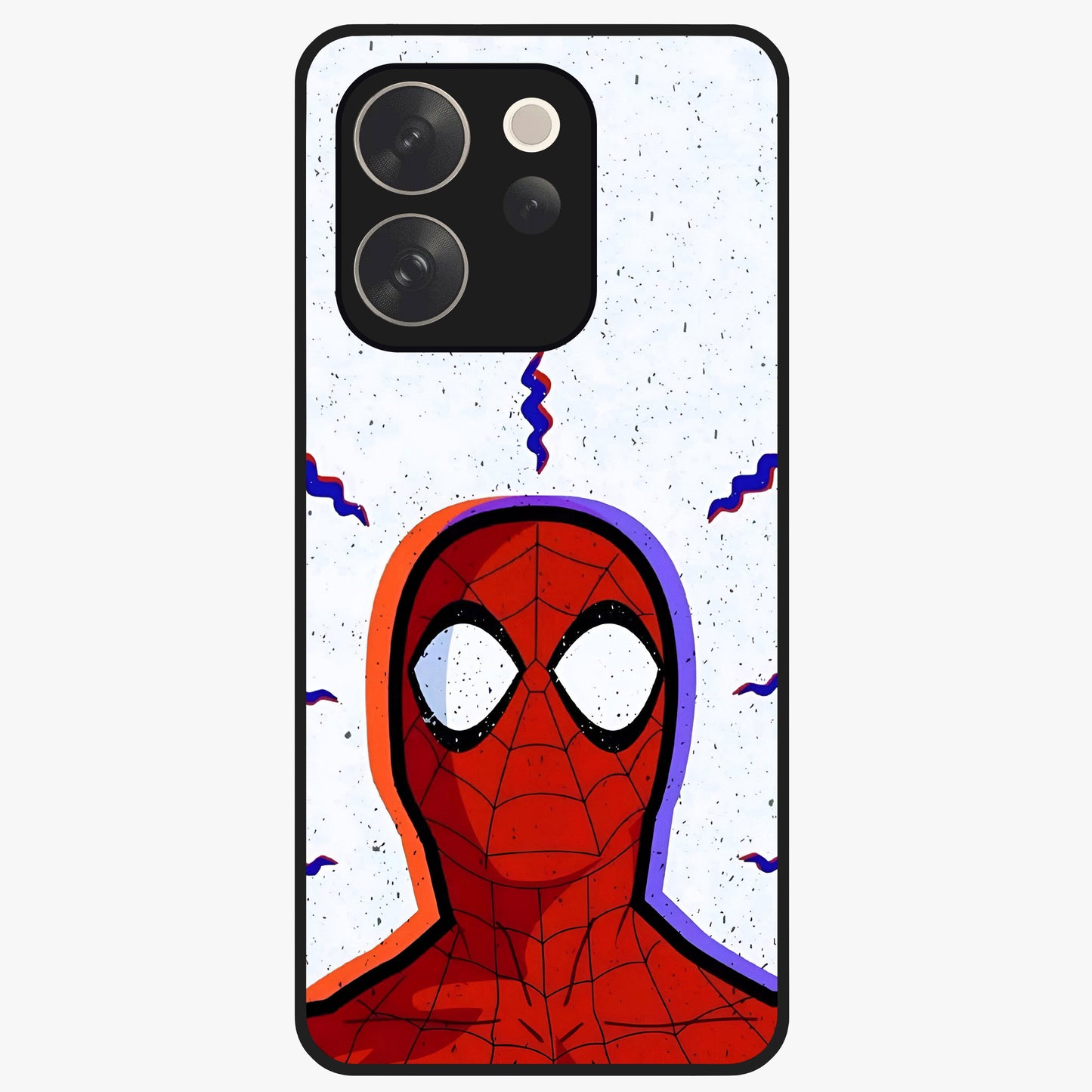 Omg Spiderman Glass Case showing flat back view with bold superhero inspired artwork and glossy glass finish.