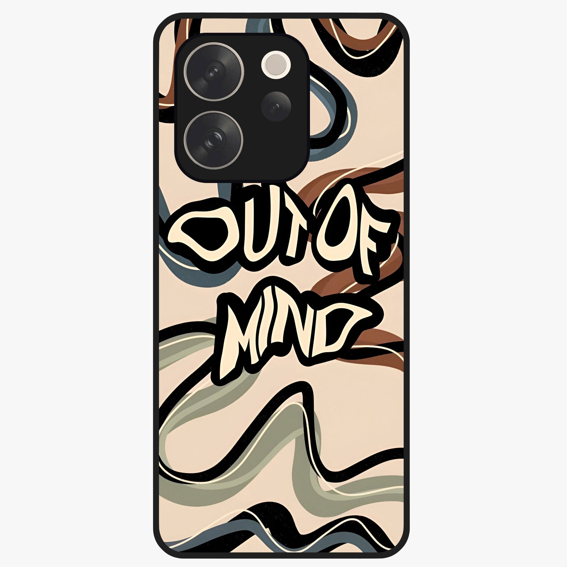 Out Of Mind Glass Case showing flat back view with expressive typography artwork and glossy glass finish.