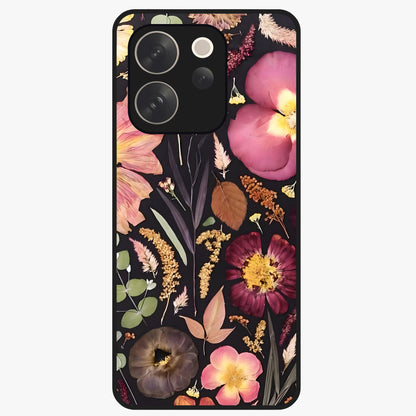 Petal Dream Tapestry Glass Case showing flat back view with intricate floral tapestry artwork and glossy glass finish.