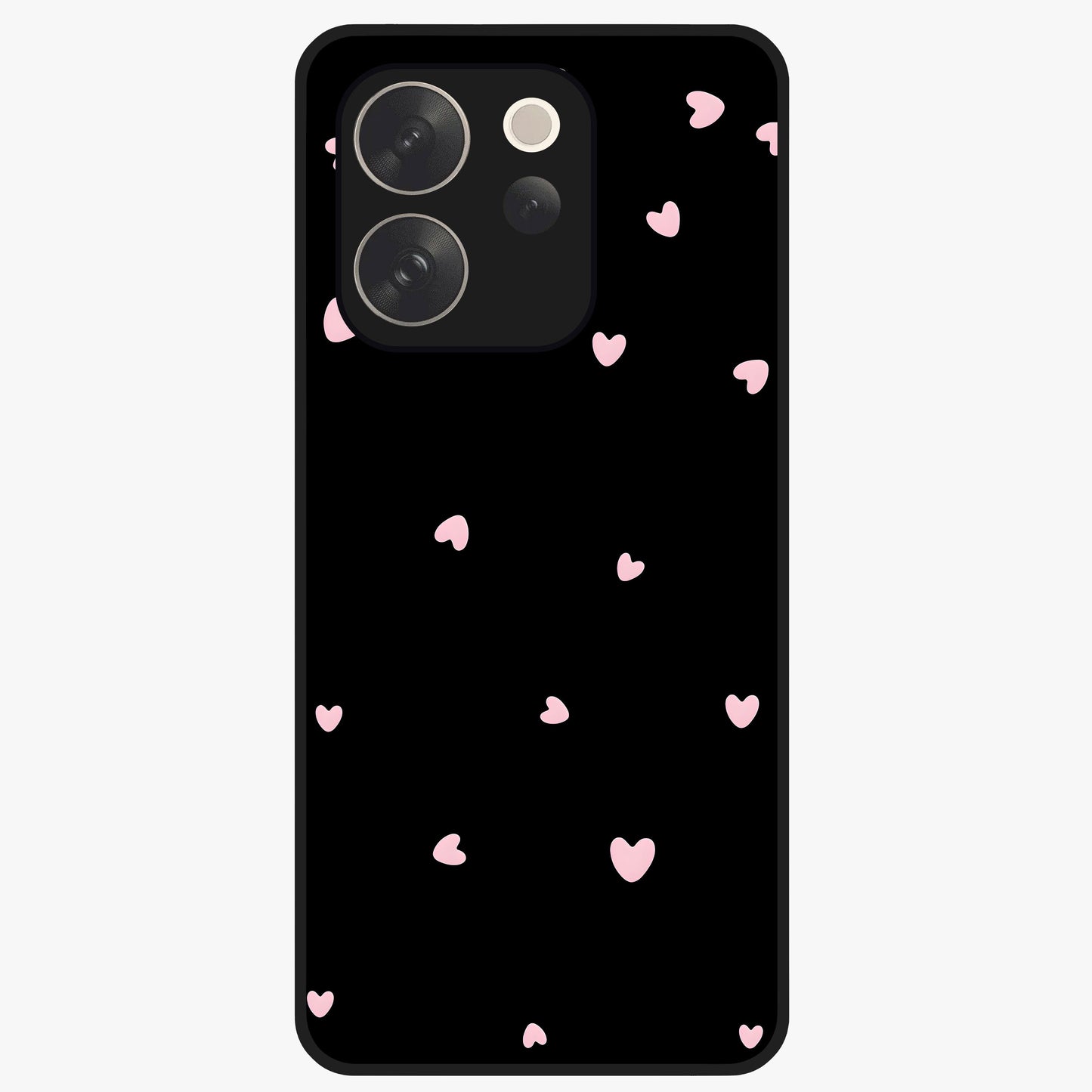 Pink Love Drops Glass Case showing flat back view with playful pink heart drops artwork and glossy glass finish.