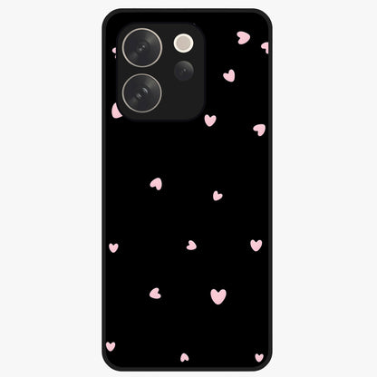 Pink Love Drops Glass Case showing flat back view with playful pink heart drops artwork and glossy glass finish.
