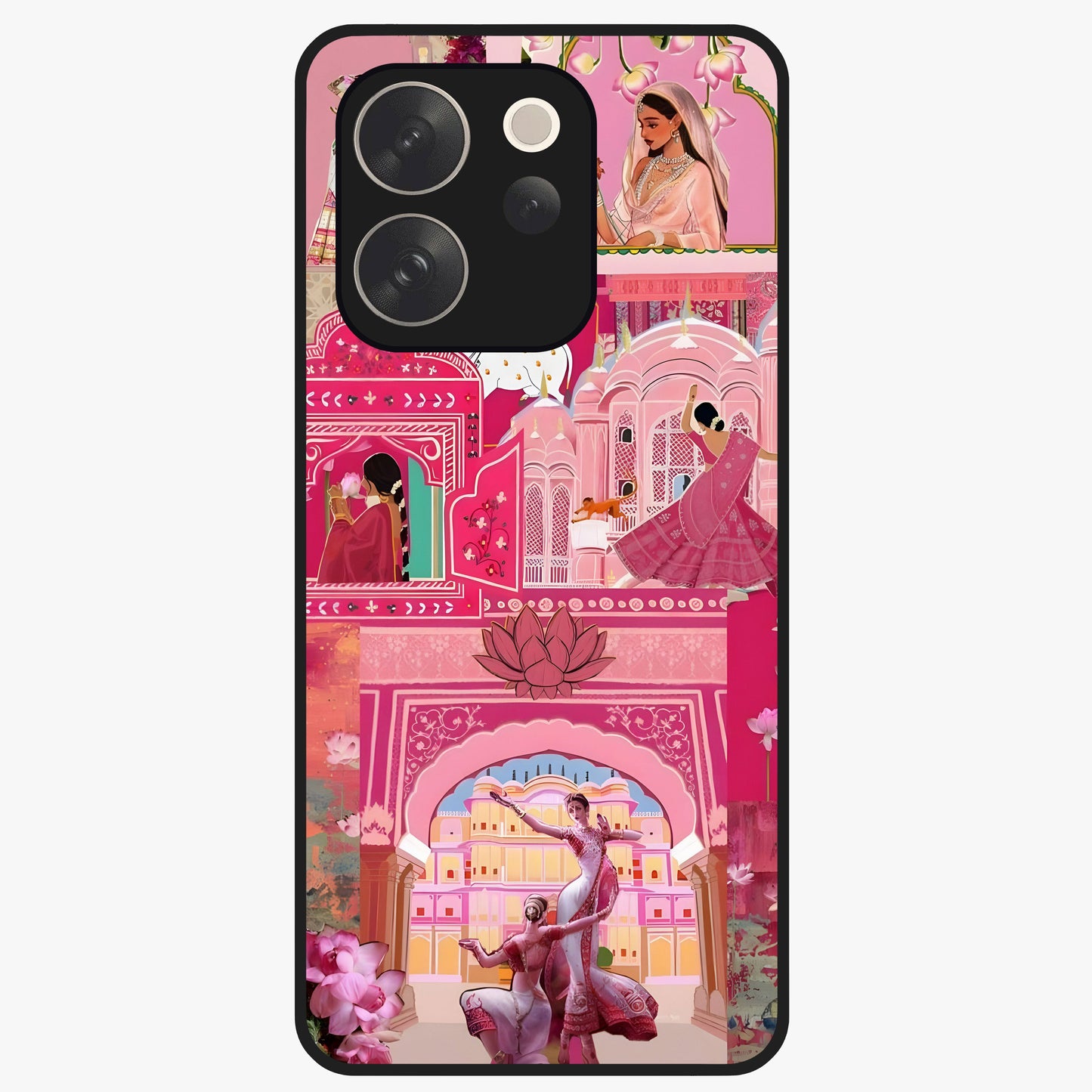 Pink Palace Muse Glass Case showing flat back view with elegant palace inspired artwork and glossy glass finish.