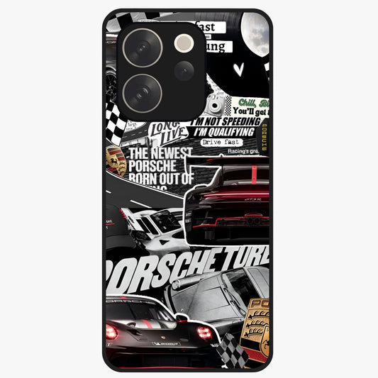Porsche Racing Collage Glass Case showing flat back view with sports car racing collage artwork and glossy glass finish.