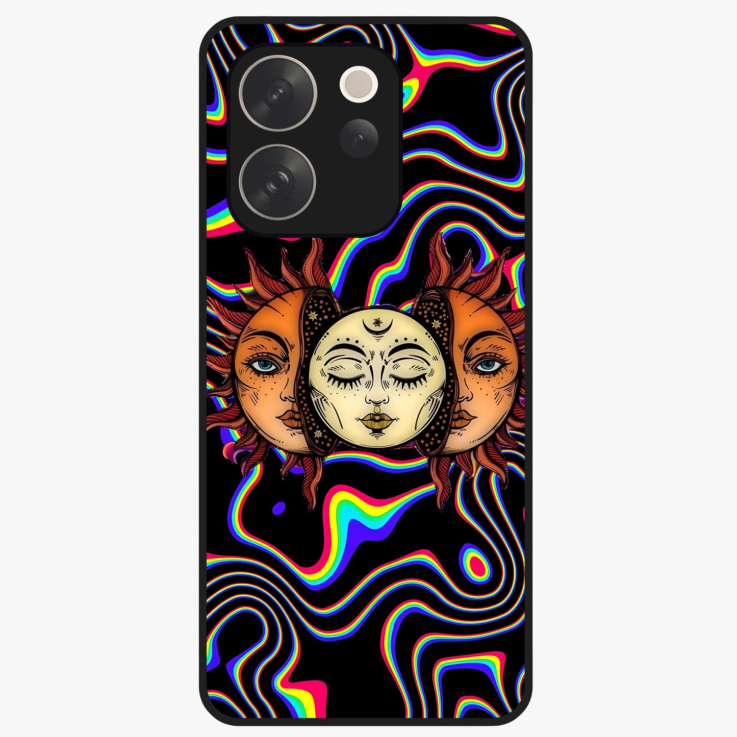 Psychedelic Sun Glass Case showing flat back view with colorful psychedelic sun artwork and glossy glass finish.