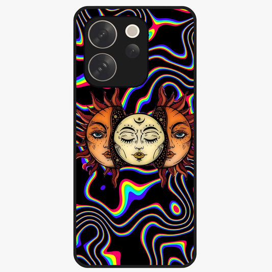 Psychedelic Sun Glass Case showing flat back view with colorful psychedelic sun artwork and glossy glass finish.
