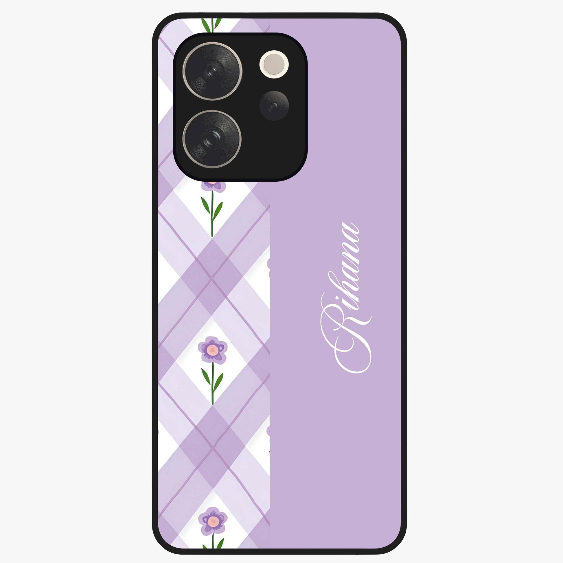 Purple Diamond Floral Glass Case showing flat back view with diamond shaped floral artwork and glossy glass finish.