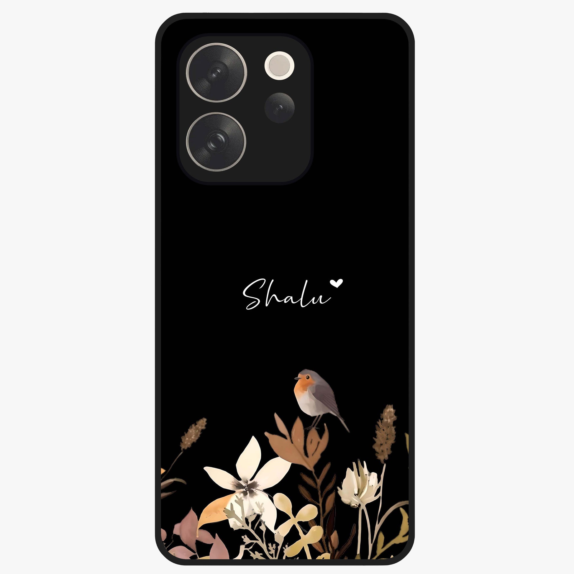 Quiet Garden Tune Custom Name Glass Case showing flat back view with peaceful garden artwork and personalized name design.