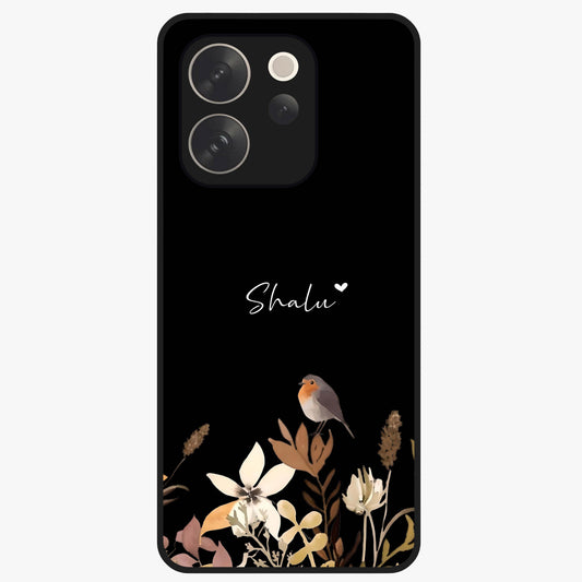 Quiet Garden Tune Custom Name Glass Case showing flat back view with peaceful garden artwork and personalized name design.